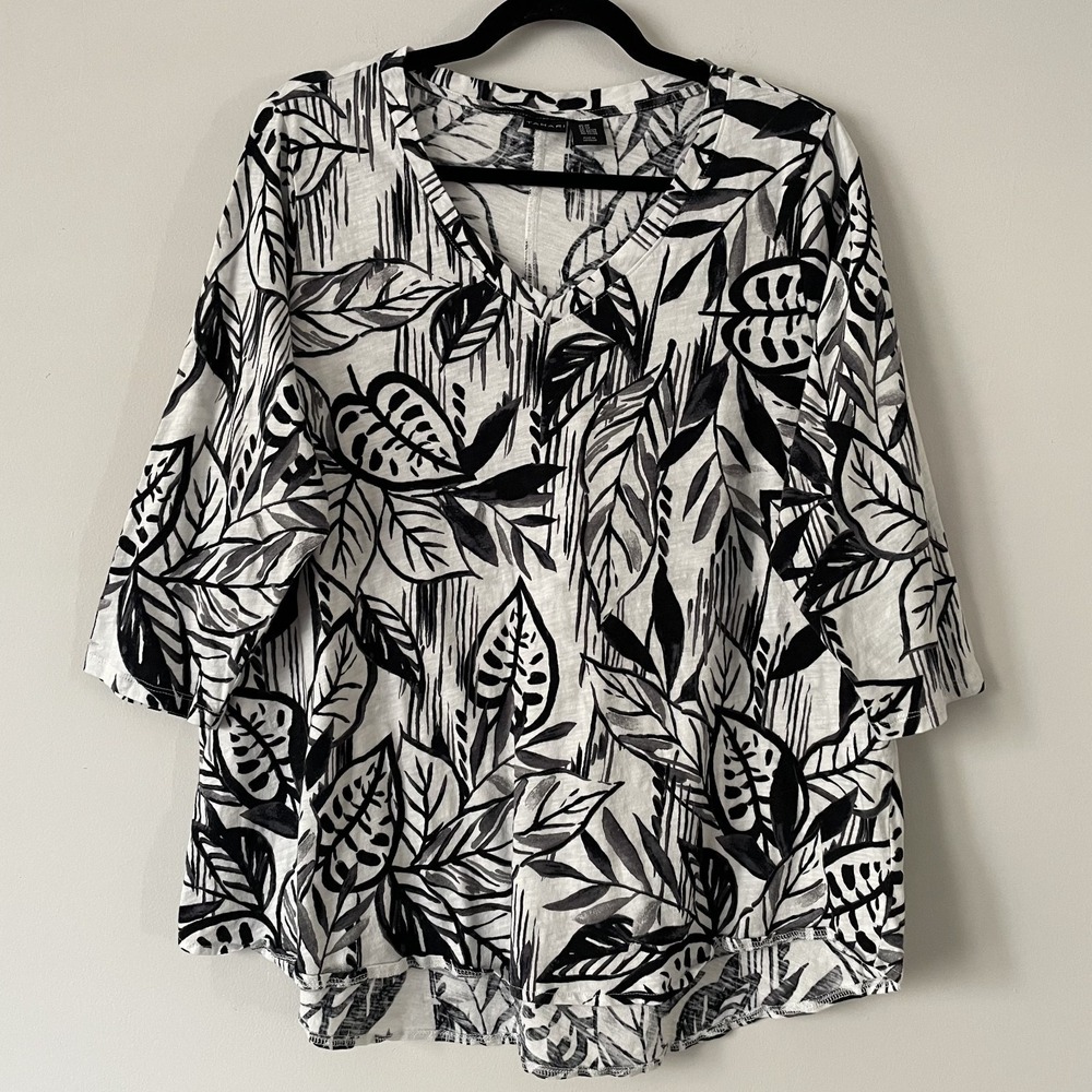 Tahari 100% Cotton Tropical Leaf Print V Neck Shirt Black White 2X Boho Resort